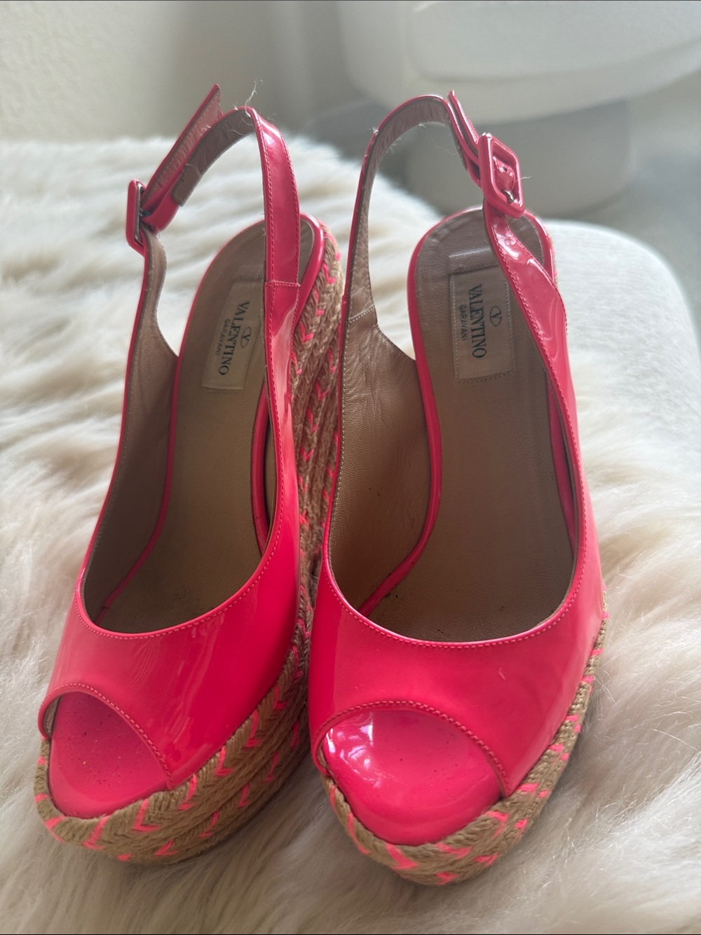 Valentino Hot Pink Patent Leather Espadrille Wedge Slingbacks